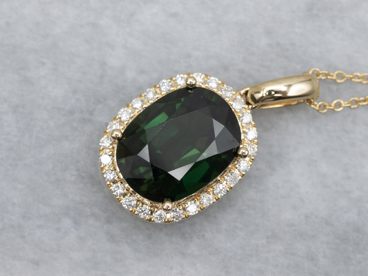 Green Sapphire and Diamond Halo Yellow Gold Pendant Necklace