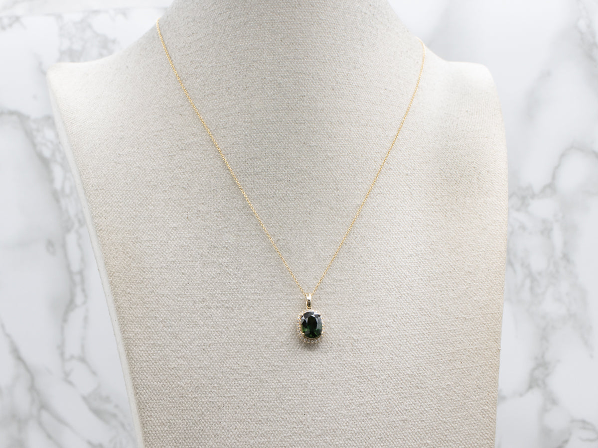 Green Sapphire and Diamond Halo Yellow Gold Pendant Necklace