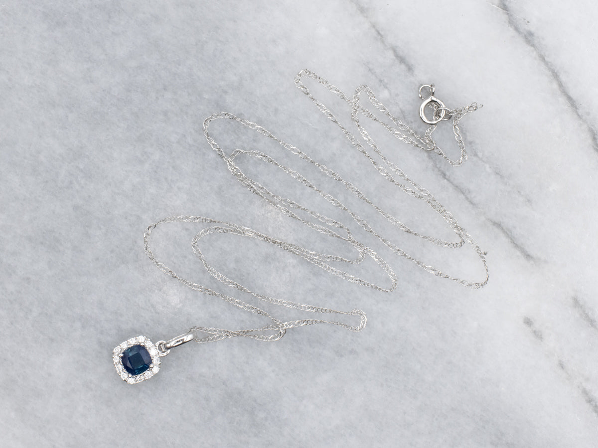 Modern Square-Cut Sapphire and Diamond Halo Pendant Necklace