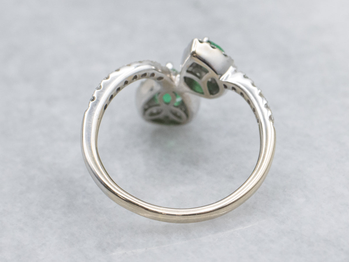 Modern Pear-Cut Emerald and Diamond Bypass Ring
