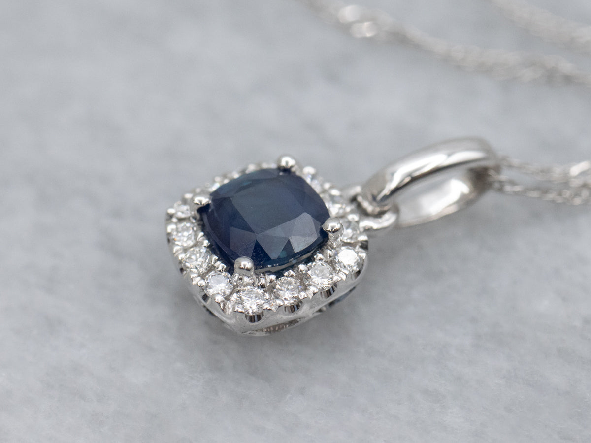 Modern Square-Cut Sapphire and Diamond Halo Pendant Necklace