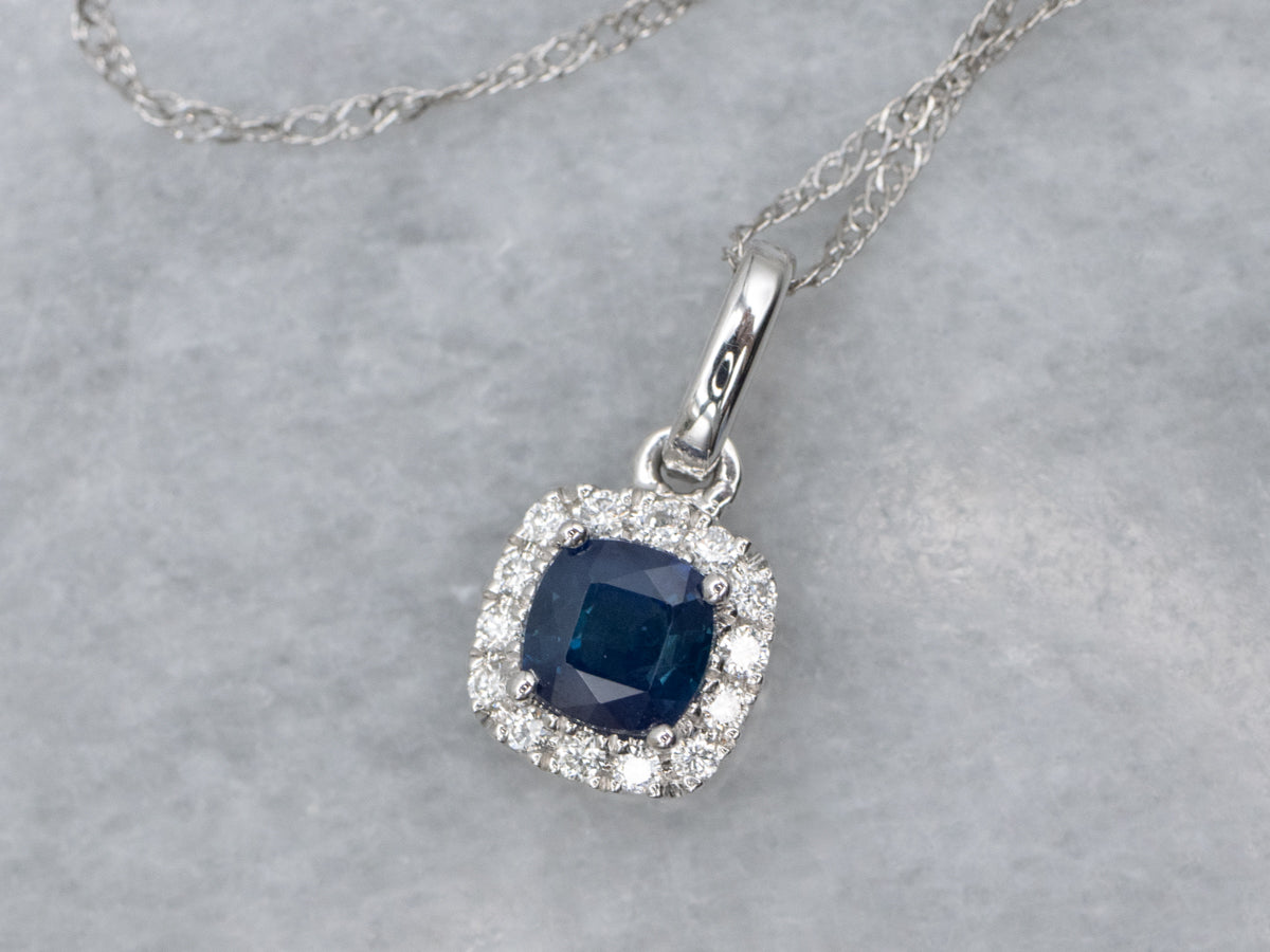 Modern Square-Cut Sapphire and Diamond Halo Pendant Necklace