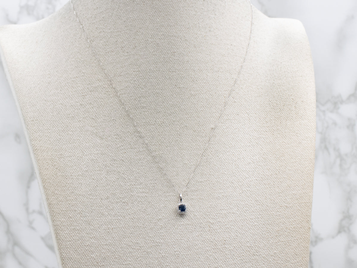 Modern Square-Cut Sapphire and Diamond Halo Pendant Necklace