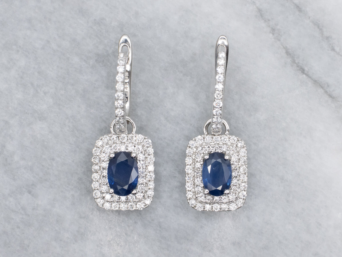 Sapphire and Double Diamond Halo Drop Earrings with Removable Drop