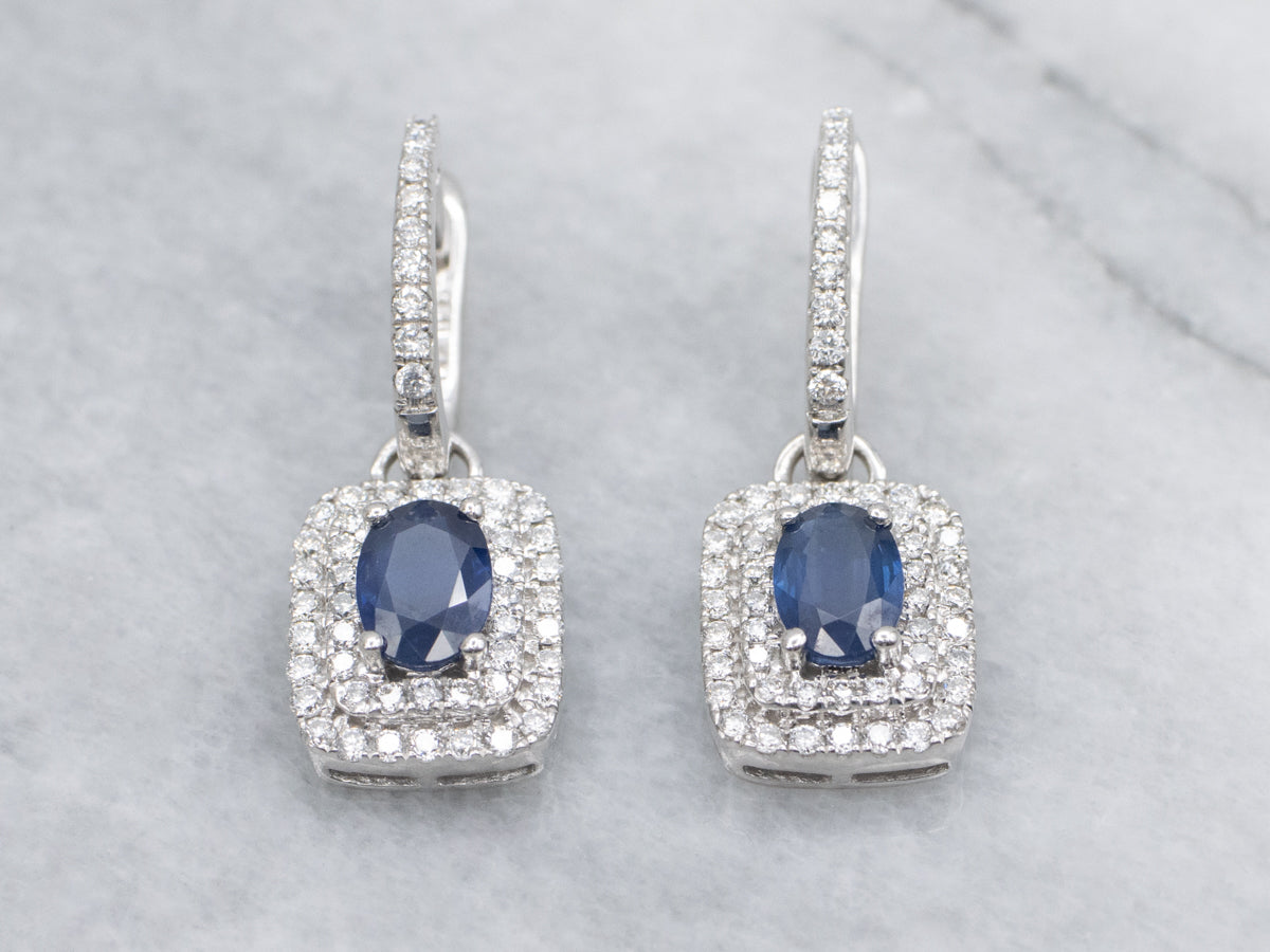 Sapphire and Double Diamond Halo Drop Earrings with Removable Drop