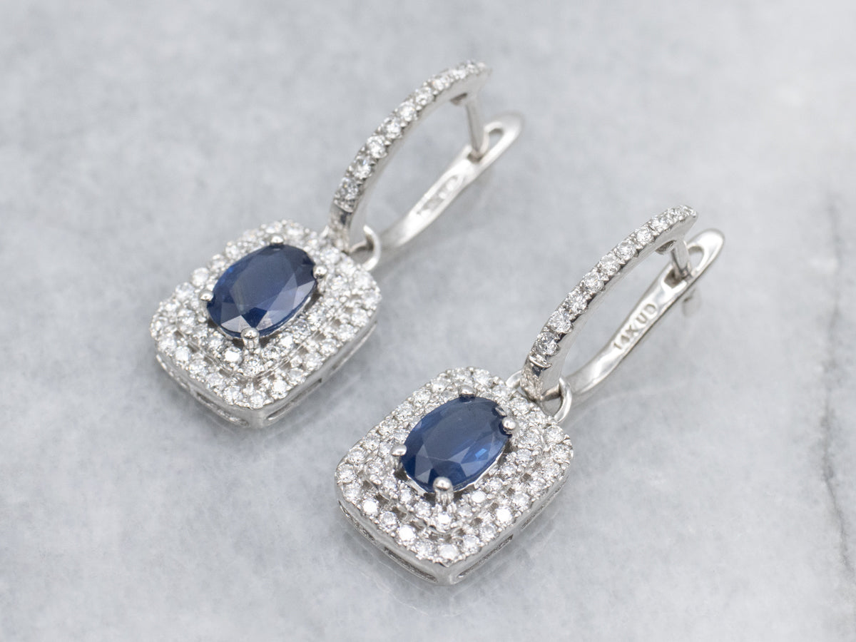 Sapphire and Double Diamond Halo Drop Earrings with Removable Drop