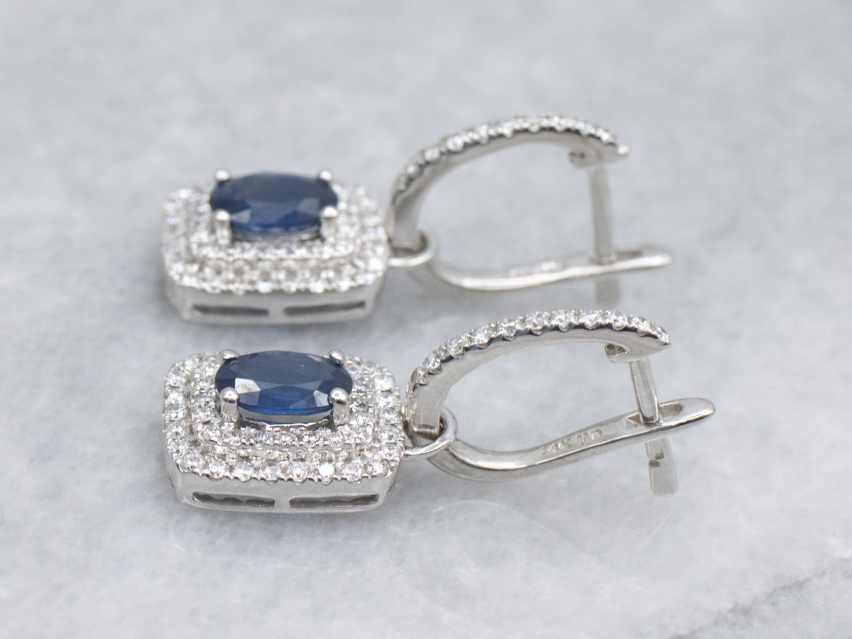 Sapphire and Double Diamond Halo Drop Earrings with Removable Drop