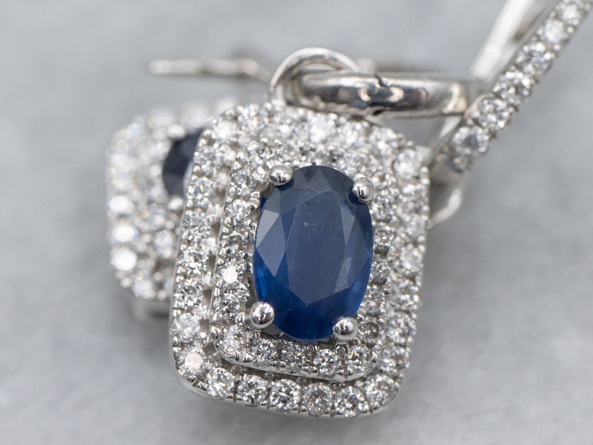 Sapphire and Double Diamond Halo Drop Earrings with Removable Drop