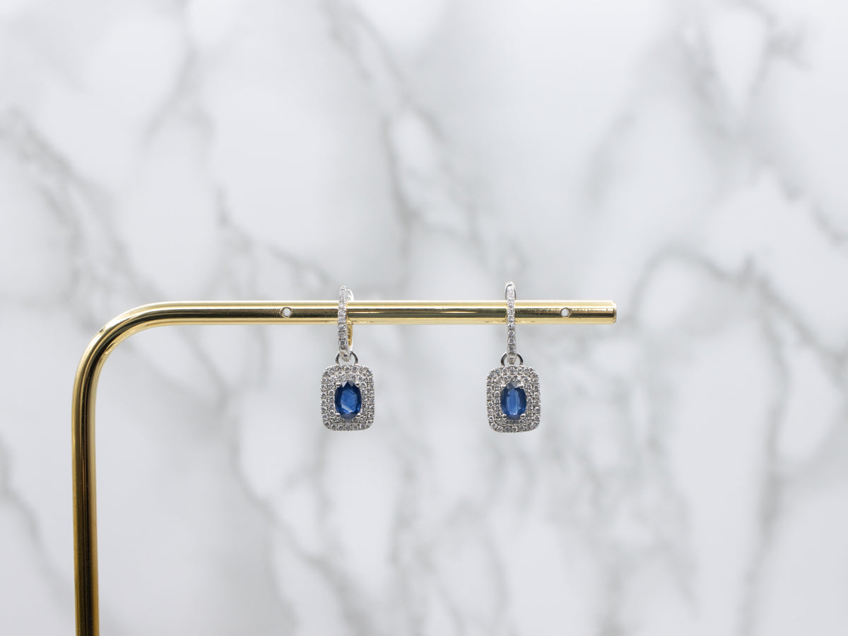 Sapphire and Double Diamond Halo Drop Earrings with Removable Drop