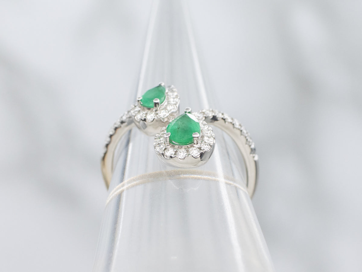 Modern Pear-Cut Emerald and Diamond Bypass Ring