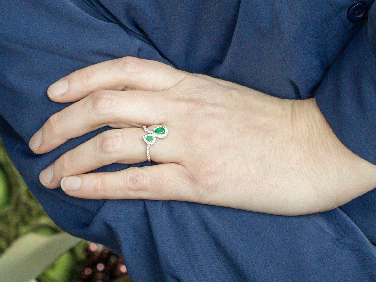 Modern Pear-Cut Emerald and Diamond Bypass Ring