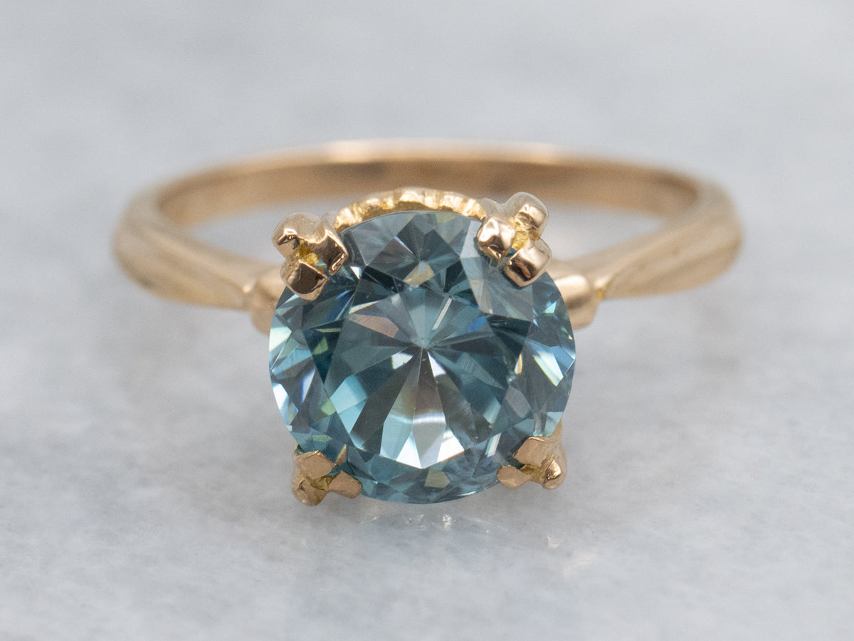 Blue Zircon in Vintage Gold Fishtail-Prong Solitaire Ring