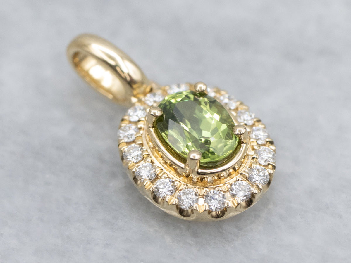 Modern Light Green Sapphire and Diamond Halo Pendant