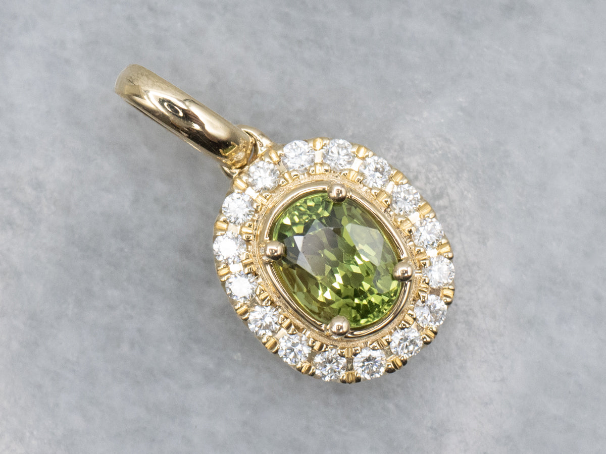 Modern Light Green Sapphire and Diamond Halo Pendant