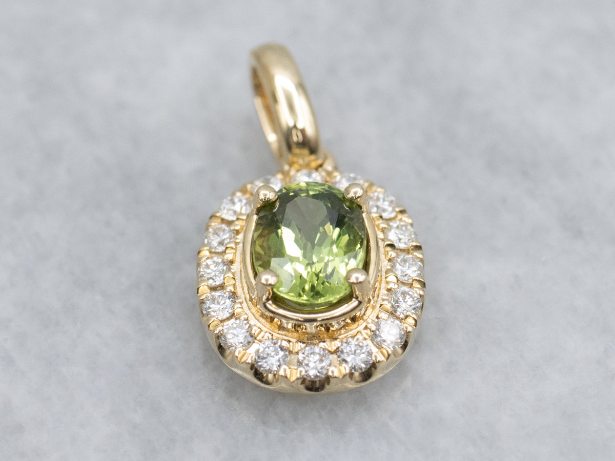 Modern Light Green Sapphire and Diamond Halo Pendant