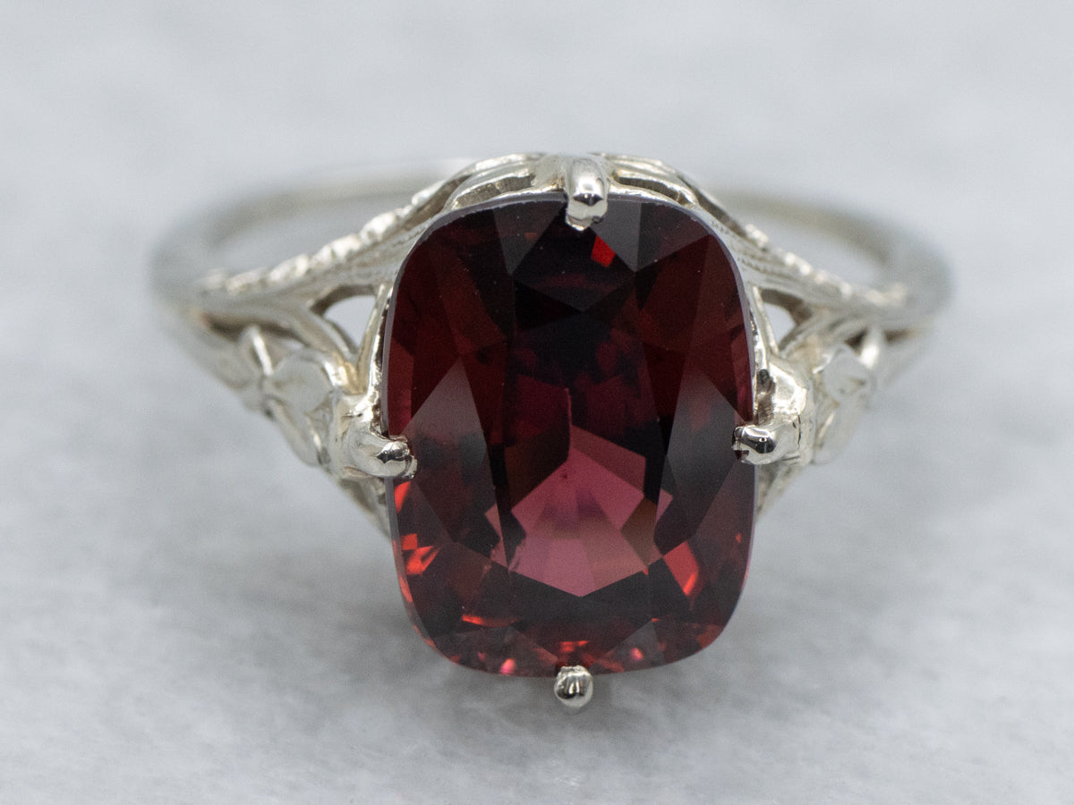 Cushion-Cut Garnet White Gold Art Deco Floral Filigree Ring