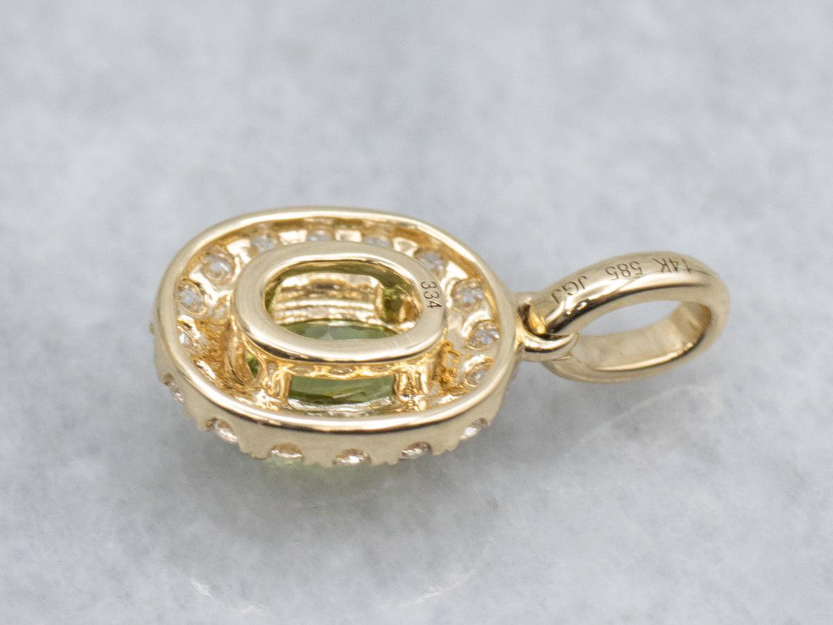 Modern Light Green Sapphire and Diamond Halo Pendant
