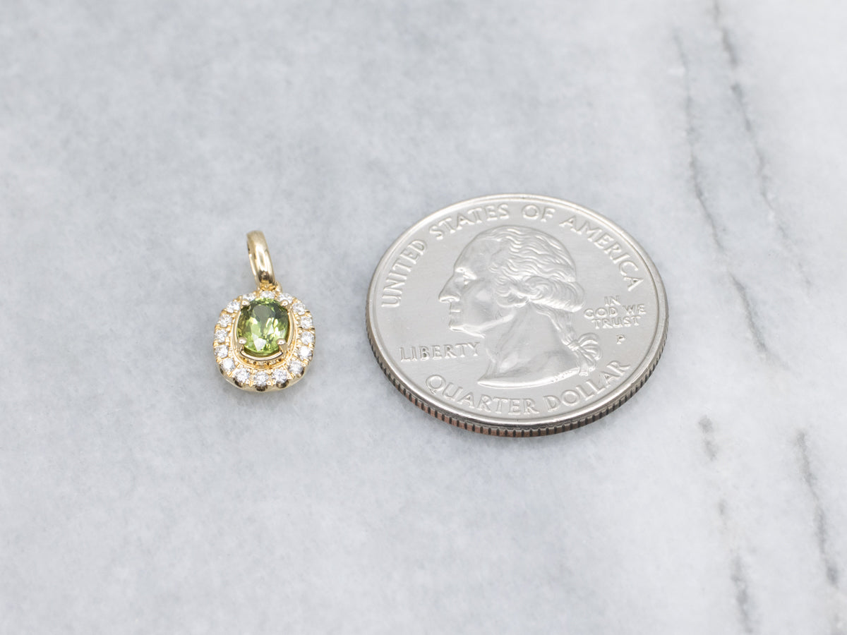 Modern Light Green Sapphire and Diamond Halo Pendant
