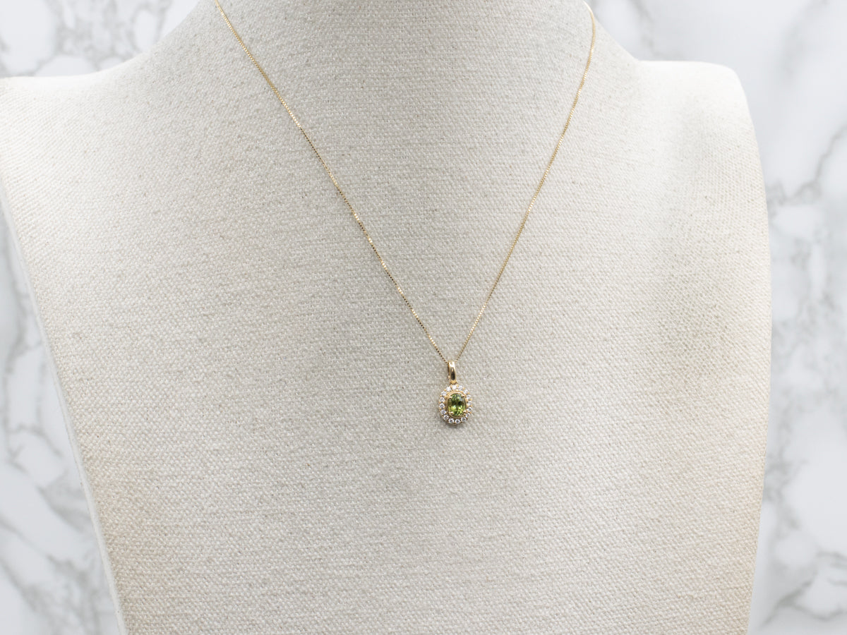 Modern Light Green Sapphire and Diamond Halo Pendant