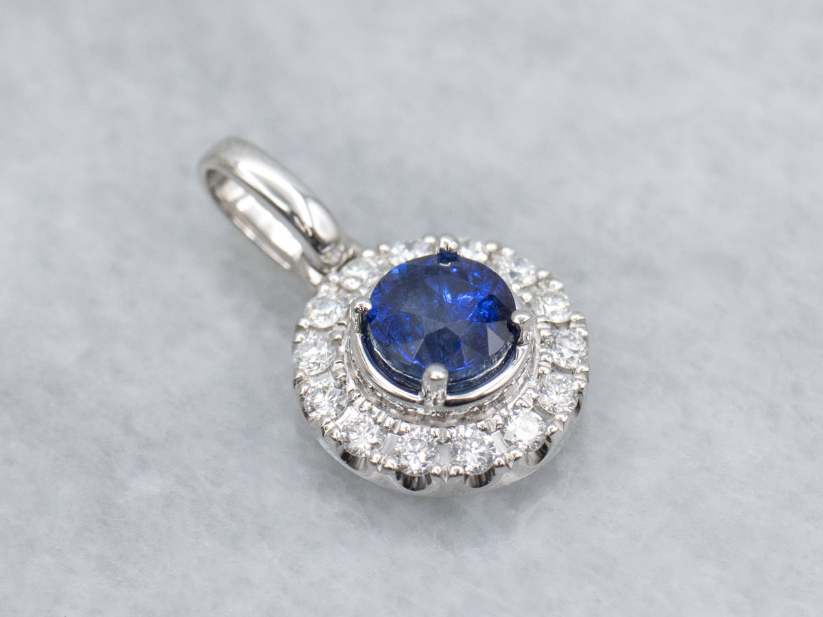 Modern White Gold Sapphire and Diamond Halo Pendant