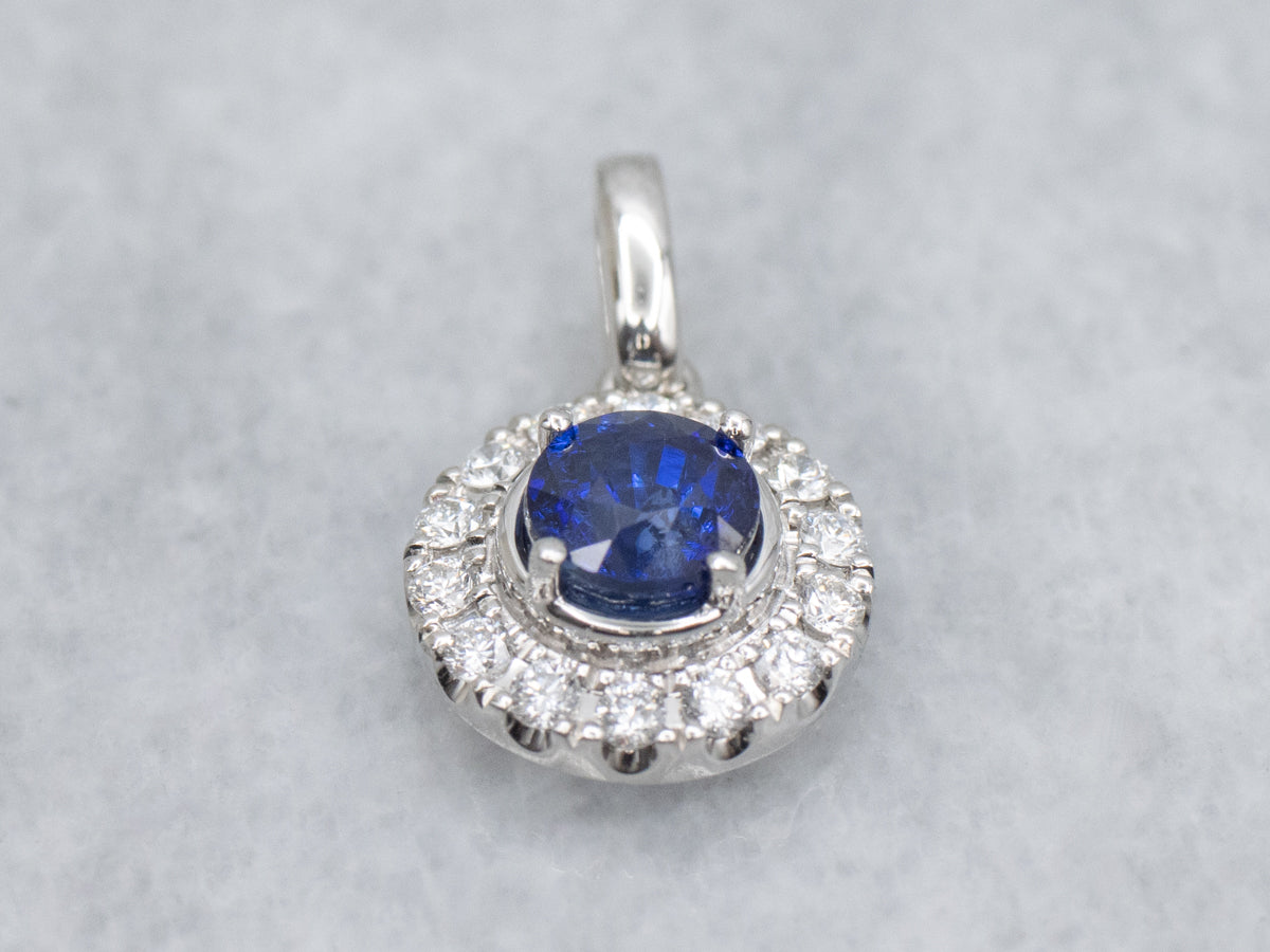 Modern White Gold Sapphire and Diamond Halo Pendant
