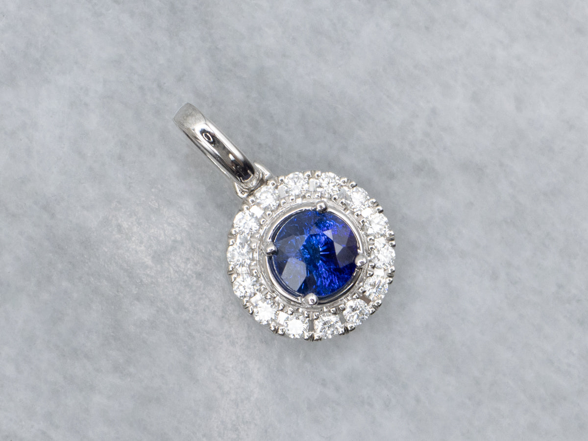Modern White Gold Sapphire and Diamond Halo Pendant