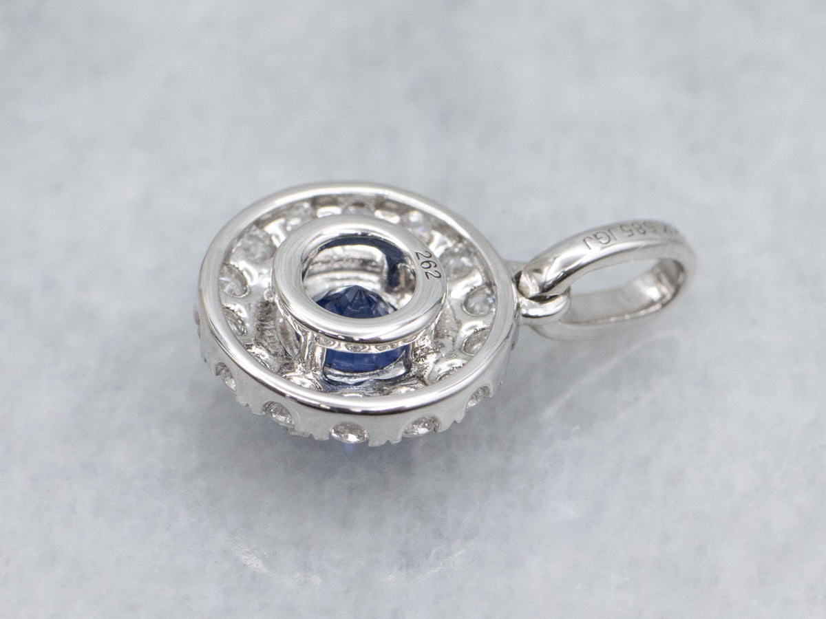 Modern White Gold Sapphire and Diamond Halo Pendant