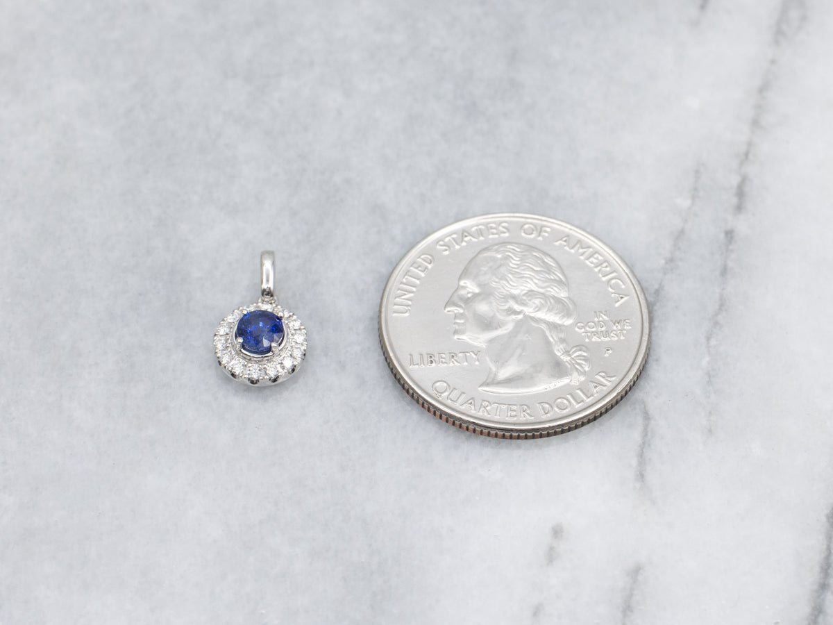 Modern White Gold Sapphire and Diamond Halo Pendant