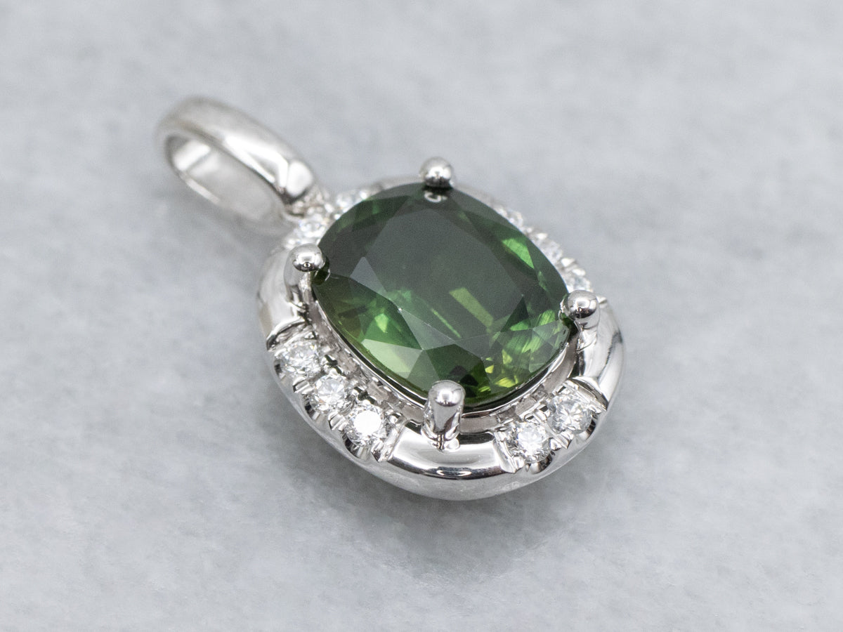 Modern Cushion-Cut Green Sapphire and Diamond White Gold Pendant