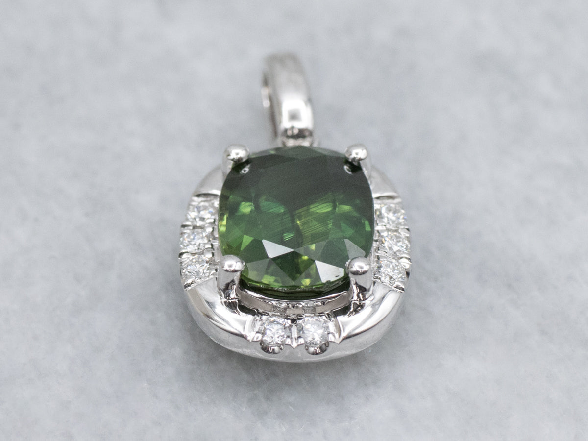 Modern Cushion-Cut Green Sapphire and Diamond White Gold Pendant