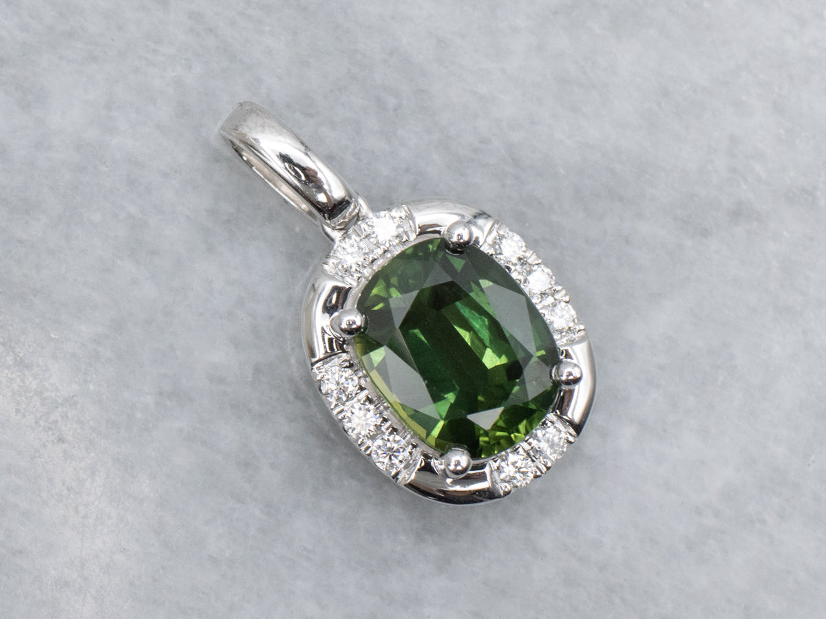 Modern Cushion-Cut Green Sapphire and Diamond White Gold Pendant