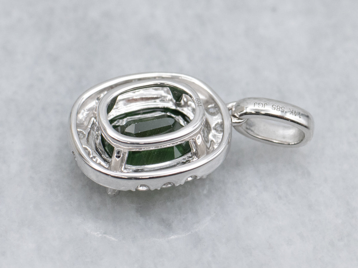 Modern Cushion-Cut Green Sapphire and Diamond White Gold Pendant