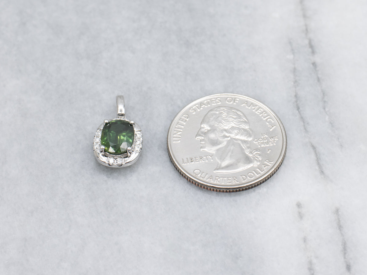 Modern Cushion-Cut Green Sapphire and Diamond White Gold Pendant