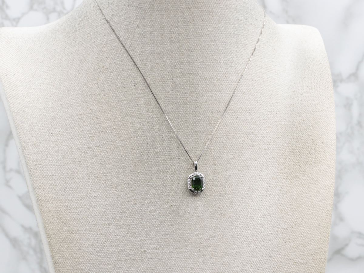 Modern Cushion-Cut Green Sapphire and Diamond White Gold Pendant