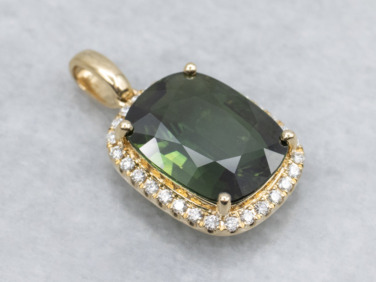 Modern Yellow Gold Cushion-Cut Green Sapphire and Diamond Halo Pendant