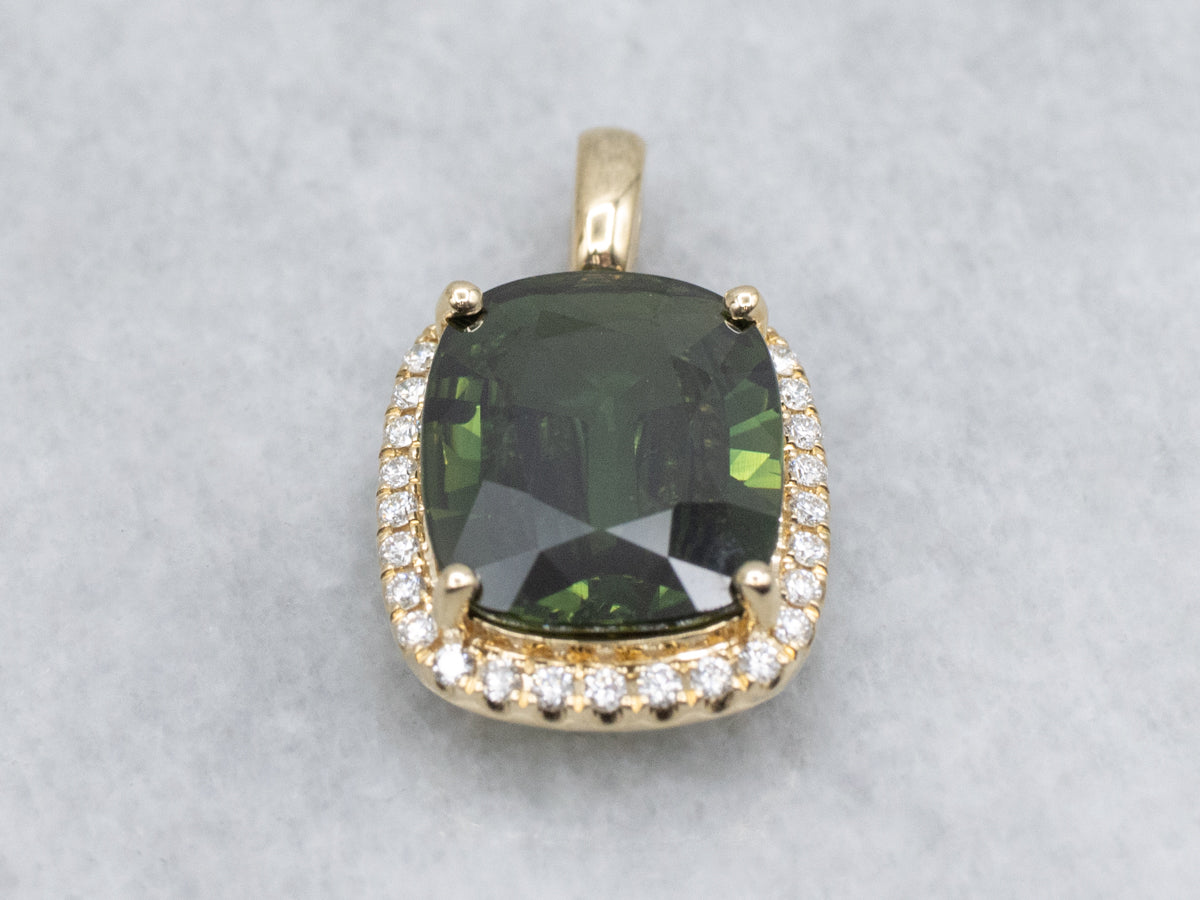 Modern Yellow Gold Cushion-Cut Green Sapphire and Diamond Halo Pendant