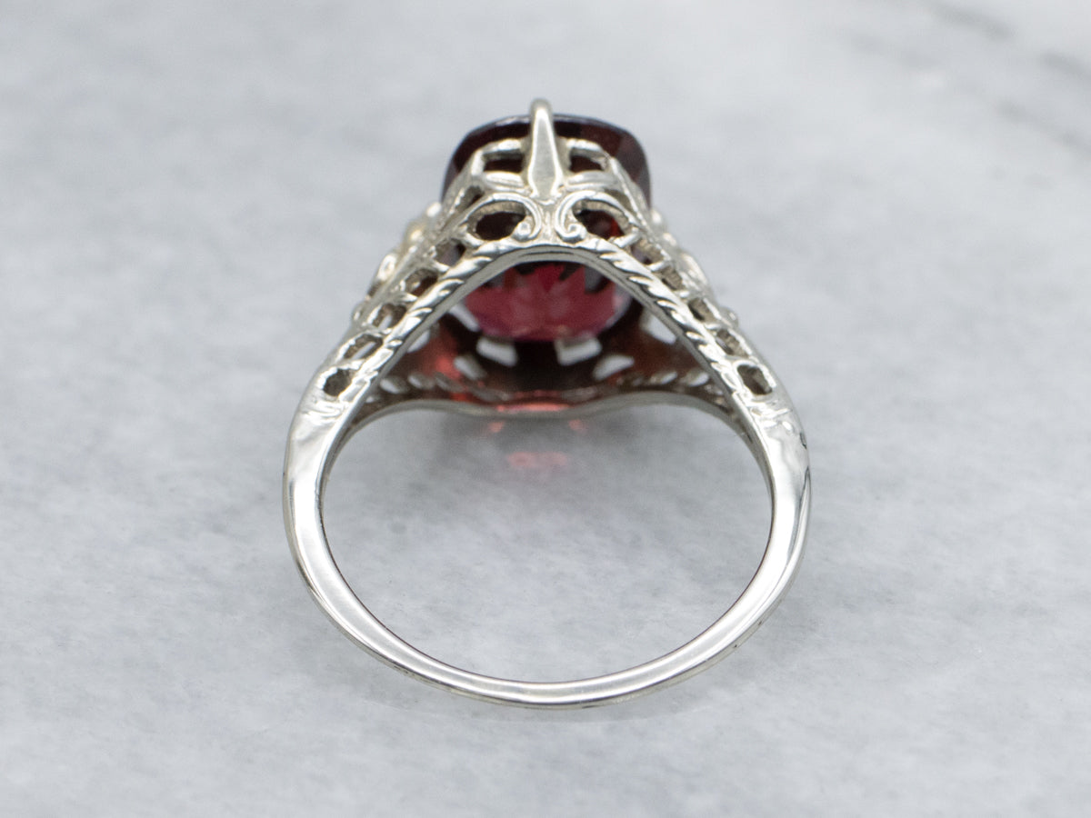 Cushion-Cut Garnet White Gold Art Deco Floral Filigree Ring