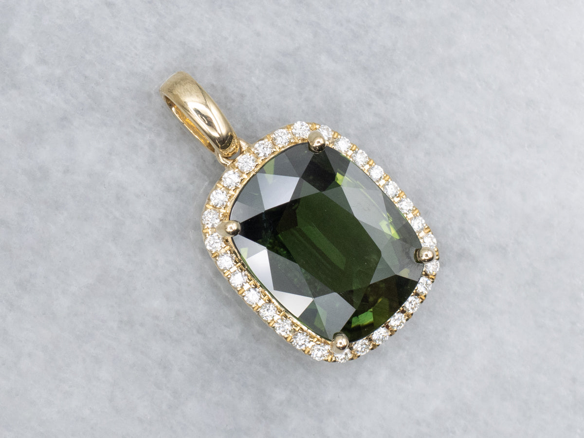 Modern Yellow Gold Cushion-Cut Green Sapphire and Diamond Halo Pendant