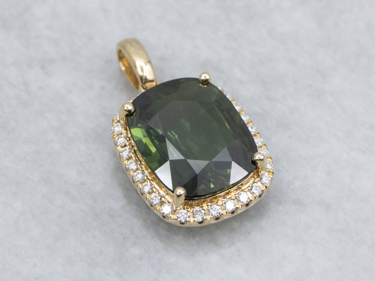 Modern Yellow Gold Cushion-Cut Green Sapphire and Diamond Halo Pendant