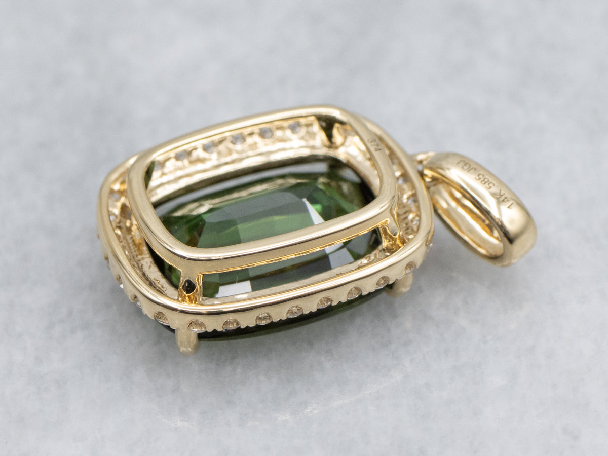 Modern Yellow Gold Cushion-Cut Green Sapphire and Diamond Halo Pendant