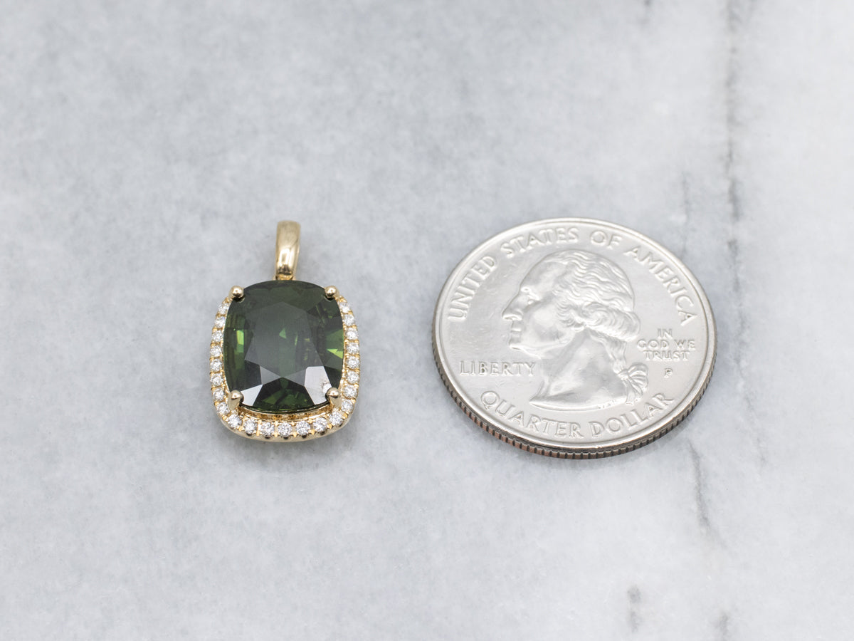 Modern Yellow Gold Cushion-Cut Green Sapphire and Diamond Halo Pendant