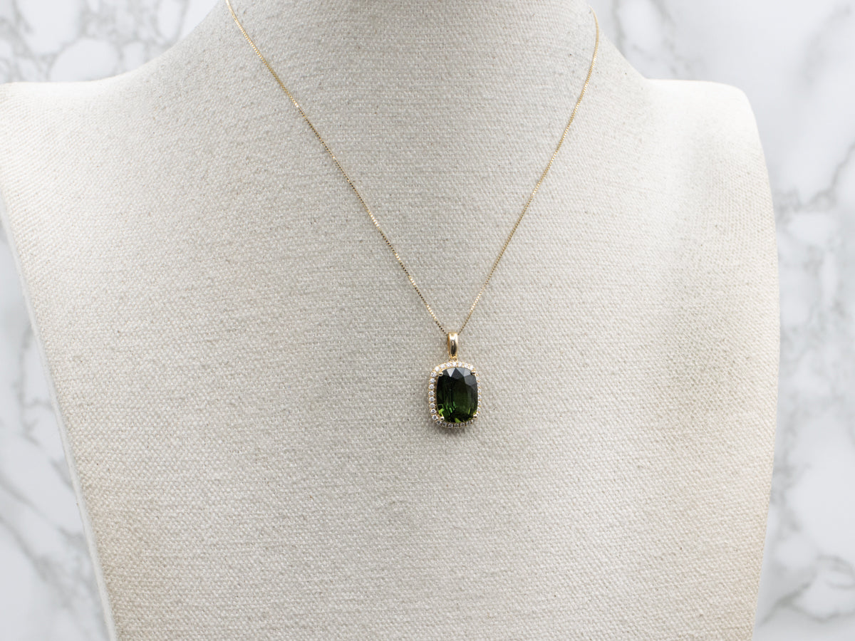 Modern Yellow Gold Cushion-Cut Green Sapphire and Diamond Halo Pendant