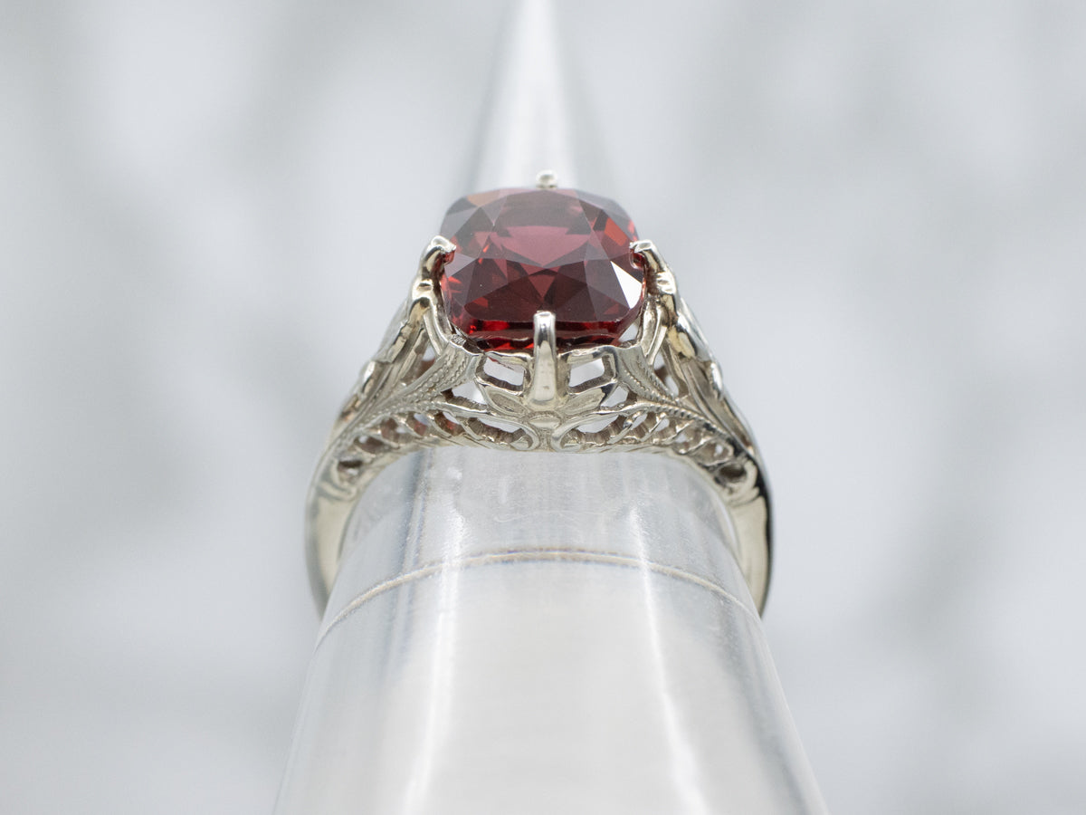Cushion-Cut Garnet White Gold Art Deco Floral Filigree Ring
