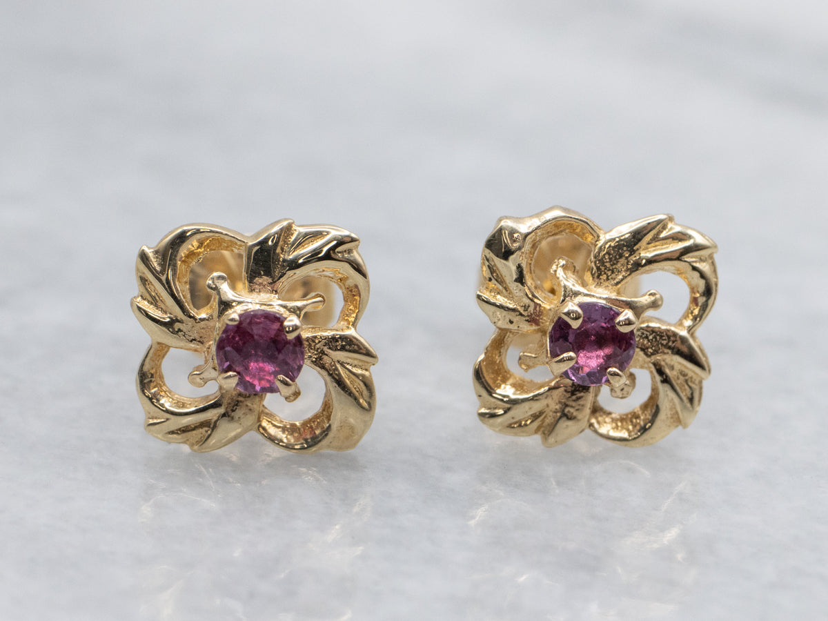 Vintage Gold Floral Stud Earrings with Ruby Centers