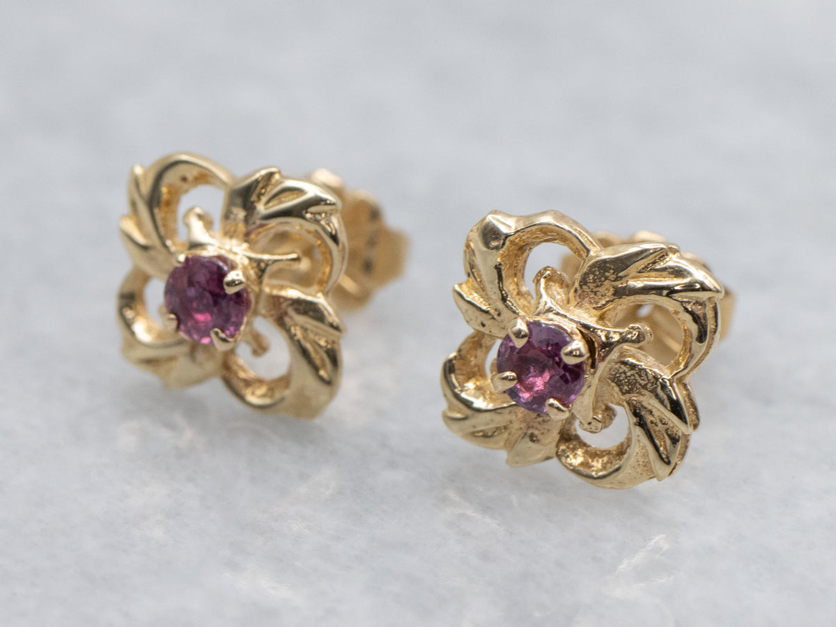 Vintage Gold Floral Stud Earrings with Ruby Centers