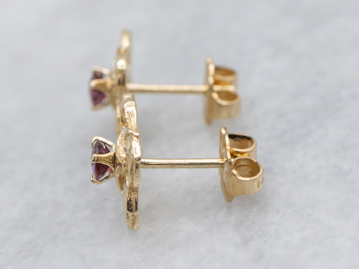 Vintage Gold Floral Stud Earrings with Ruby Centers