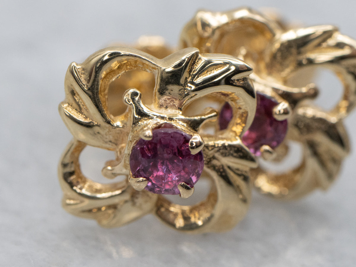 Vintage Gold Floral Stud Earrings with Ruby Centers