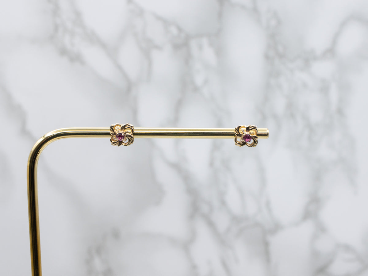 Vintage Gold Floral Stud Earrings with Ruby Centers