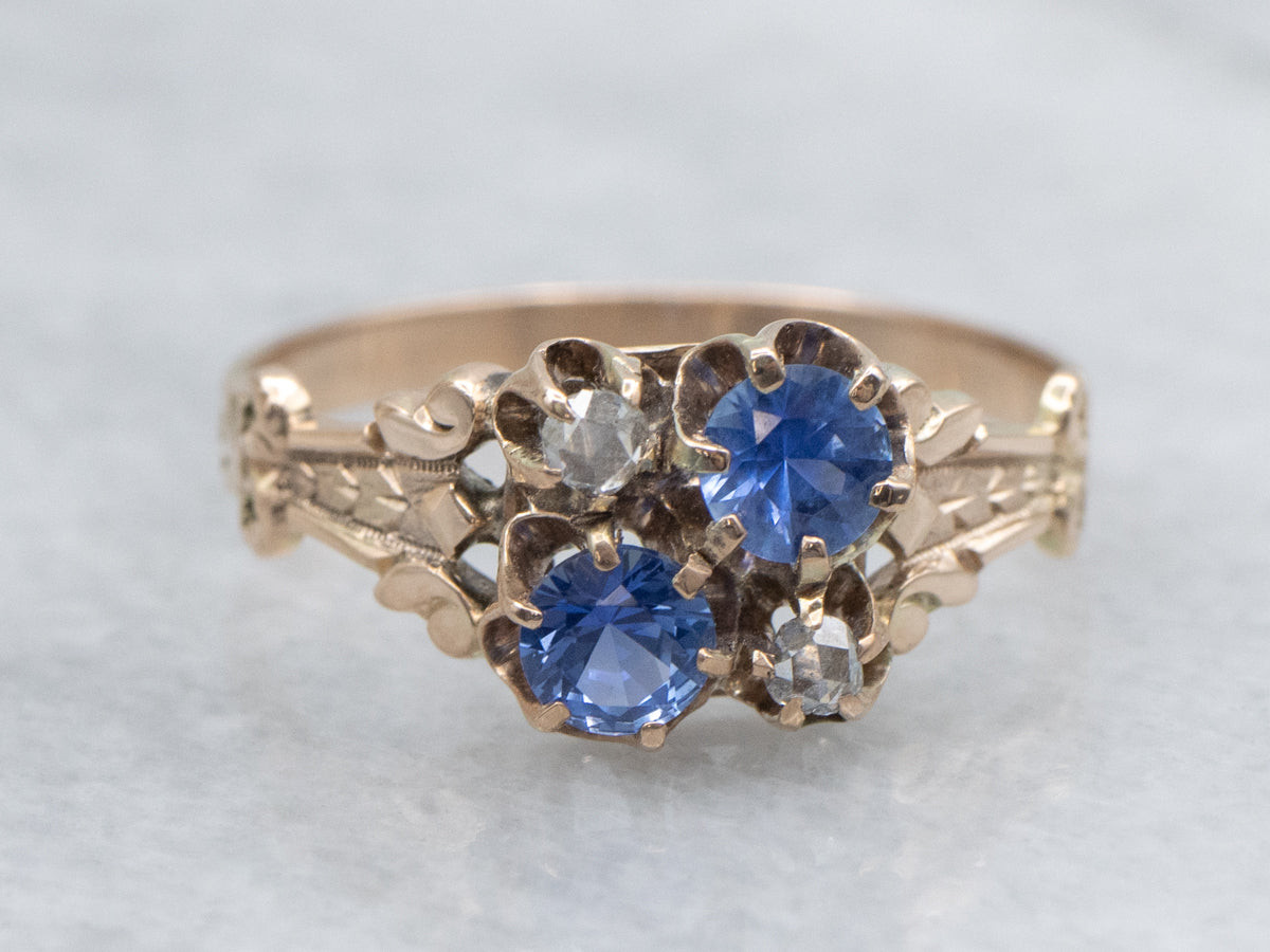 Sapphire and Rose Cut Diamond Victorian Rose Gold Ring