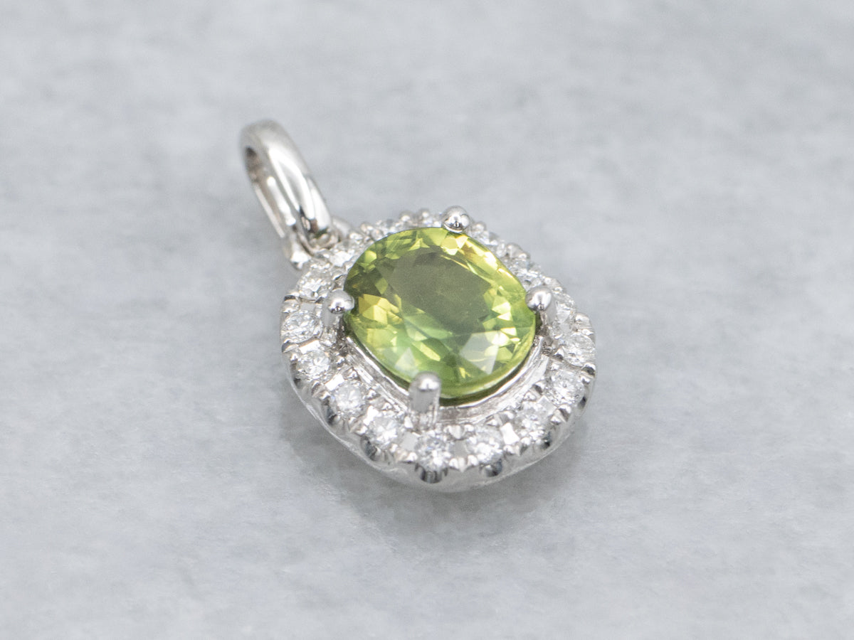Modern Lime-Green Sapphire and Diamond Halo Pendant